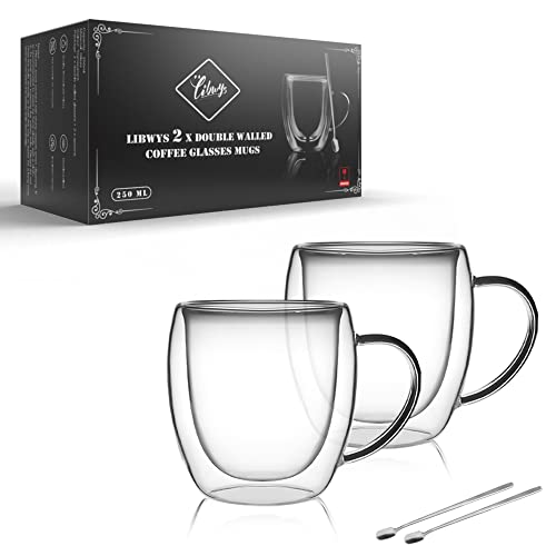 LIBWYS 2x250ml Doppelwandige Kaffeegläser mit Löffel, Cappuccino, Latte Macchiato Gläser, Teetassen Thermo mit Griff, Hitzebeständige Espressotassen Set 250ml von LIBWYS