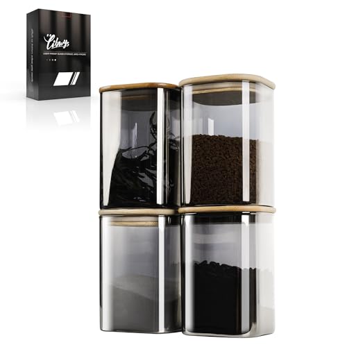 LIBWYS 4er Set UV Schutz Vorratsgläser Kaffeebohnen behälter Teedose mit Bamboos Deckel Eckig Vorratsdose Glas - 1150 ml * 4 Glasbehälter (4pcs - LRC Edition) von LIBWYS