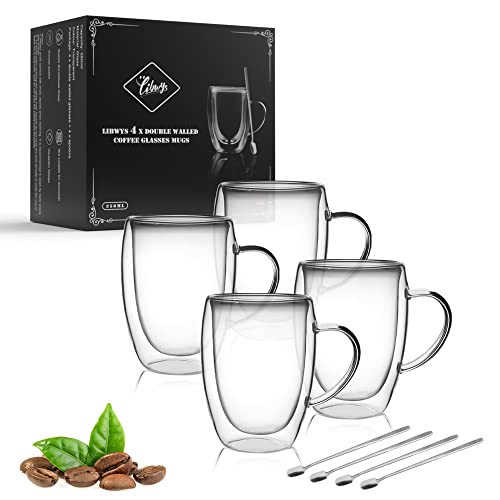 LIBWYS 4x350ml Doppelwandige Kaffeegläser mit Löffel, Cappuccino Latte Teetassen mit Griff, Hitzebeständige Kaffeetassen Trinkgläser von LIBWYS