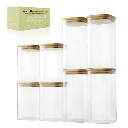 LIBWYS 8er Set Vorratsgläser mit Bamboos Deckel Eckig Vorratsdose Glas - in 2 Größen: 1150 ml; 1580 ml - 8pcs Plus Edition von LIBWYS
