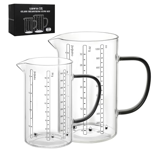 LIBWYS Messbecher Glas 2er Set, 1000ml & 500ml, hitzebeständiges Borosilikatglas mit Anti-Rutsch Silikon-Pad, Skalierung in Liter, Milliliter, Tassen & Unzen von LIBWYS