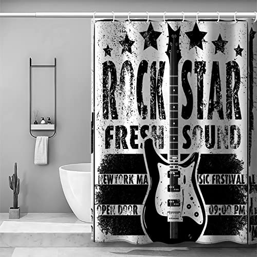 LICAPE Duschvorhang Rock n Roll, Duschvorhang 120x180 cm, Gitarre Schwarz und Weiß Duschvorhang mit 12 Plastik Haken, Badevorhang Waschbar Textil Shower Curtains für Dusche und Badewanne von LICAPE