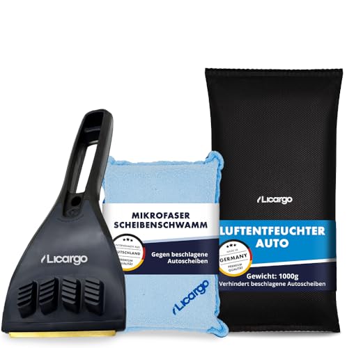 LICARGO Winter Komplett Set - Auto Luftentfeuchter (1kg) - 1x recycelter Eiskratzer - 1x Mikrofaser Scheibenschwamm - gegen beschlagene Autoscheiben - wiederverwendbarer Innenraum Luftentfeuchter von LICARGO