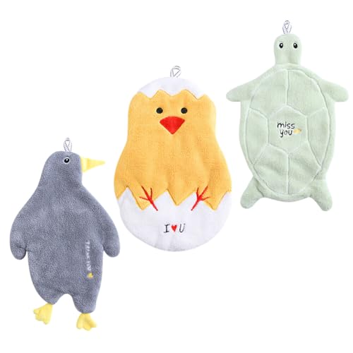 LICHENGTAI 3 Stück Kinder Hand Handtuch Niedliche Tier Waschlappen Mikrofaser Absorbierende Handtücher Schnelltrocknende Gesichtstücher mit Aufhängeöse Baby Badetuch Duschtuch für Küche und Badezimmer von LICHENGTAI