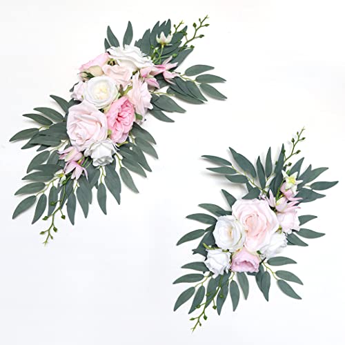 LICHENGTAI Künstliches Hochzeitsbogen Blumen Set, 2 Stück Hochzeitsbogen Girlande Pfingstrose Rosen Blumen Willkommen Hochzeitsgast Karte Dekoration Hochzeitsbogen Hochzeit Hintergrund Wand Dekoration von LICHENGTAI