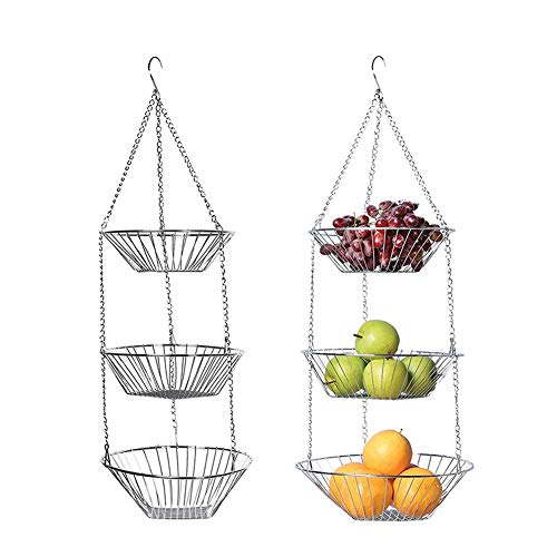 Obstkorb zum Hängen, Hängekorb 3 stöckiger Pflanzen Suitable for Every Kitchen, Rostfreier Stahl Multi-Functional Hanging Basket for Fruit, Vegetables, Pflanzen von LICHENGTAI