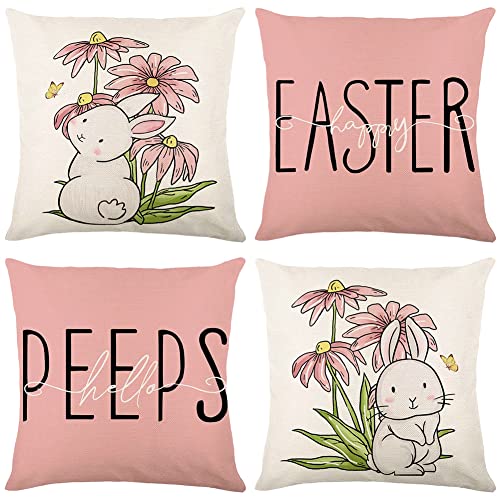 LICHENGTAI Ostern Kissenbezug 4er Set Zierkissenbezüge 45 x 45 cm Osterdeko Modern Kissenbezug Baumwolle Leinen Ostereier Häschen Kissenhülle Kissenbezug Pillowcase Für Autos Wohnzimmer Dekor von LICHENGTAI