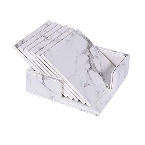 LICHENGTAI Premium Leder Glasuntersetzer, 6 Stück Marmor Design Untersetzer PU-Leder hitzebeständig Coaster Cup Mat für Getränke Tee Kaffee Tasse Glas, Marmor Untersetzer, Weiß von LICHENGTAI