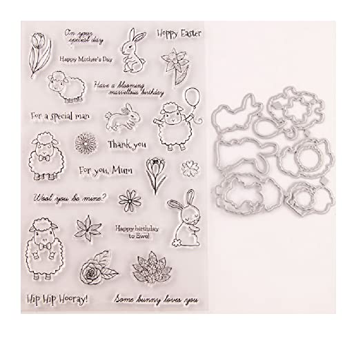 LICHENGTAI Stanzschablonen und Stempel Set für Kartenherstellung, Phrase Buchstabe Blumen Silikon Stempel Scrapbooking Stanzmaschine Schablonen Stanzformen Prägeschablone für DIY Album, Papier, Karten von LICHENGTAI