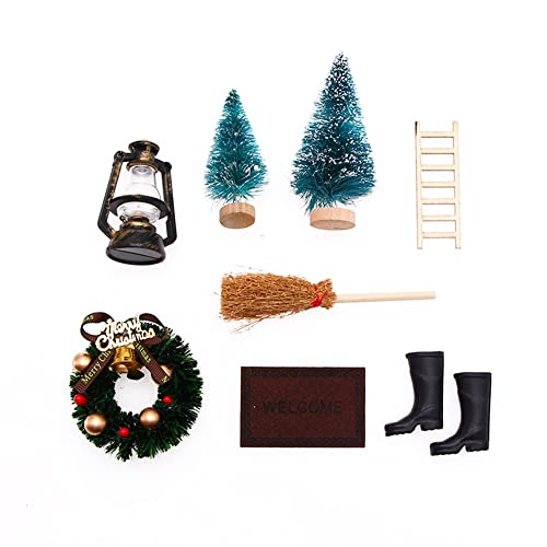 Wichteltür Weihnachten Set, Miniatur Puppenhaus-Wichteltür Weihnachten Set Miniatur Wichtel Stiefel Tür Holzleiter Öllampe Teppich Gummistiefel Weihnachtsbaum Dekokranz Puppenhausmöbel Zubehör von LICHENGTAI