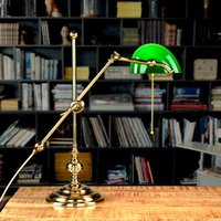 Bankerlampe Messing Glas verstellbar Zugschalter Jugendstil Schreibtisch - Messing poliert, Grün von LICHT-ERLEBNISSE