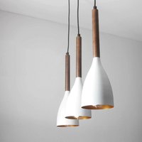 Weiße Hängelampe im Retro Design mit Holz E27 Esstisch von LICHT-ERLEBNISSE