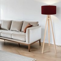 Licht-erlebnisse - Stehlampe Dreibein 140 cm E27 Rot Natur Stoff Holz Retro Stehleuchte - Kiefer, Bordeaux Rot, Silber von LICHT-ERLEBNISSE