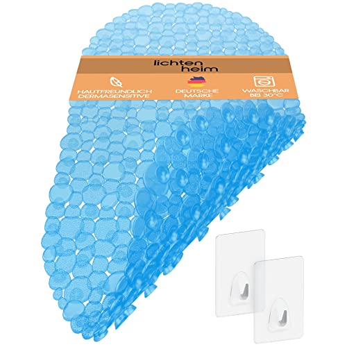 LICHTENHEIM Duschmatte rutschfest Hautsensitiv 69x36 cm - INKL. 2 Haken - Anti Rutsch Kiesel Steinoptik Badewannenmatte BPA frei - Badematte schimmelresistent & waschbar (Blau-Durchsichtig) von LICHTENHEIM
