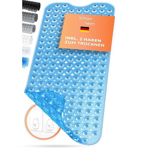 LICHTENHEIM Duschmatte rutschfest Sensitiv 100x40 cm - INKL 2 Haken - Badewannenmatte rutschfest - Antirutschmatte Badewanne BPA frei - Badematte schimmelresistent & waschbar (Blau-Durchsichtig) von LICHTENHEIM