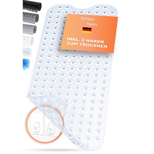 LICHTENHEIM Duschmatte rutschfest Sensitiv 100x40 cm - INKL 2 Haken - Badewannenmatte rutschfest - Antirutschmatte Badewanne BPA frei - Badematte schimmelresistent & waschbar (Durchsichtig) von LICHTENHEIM