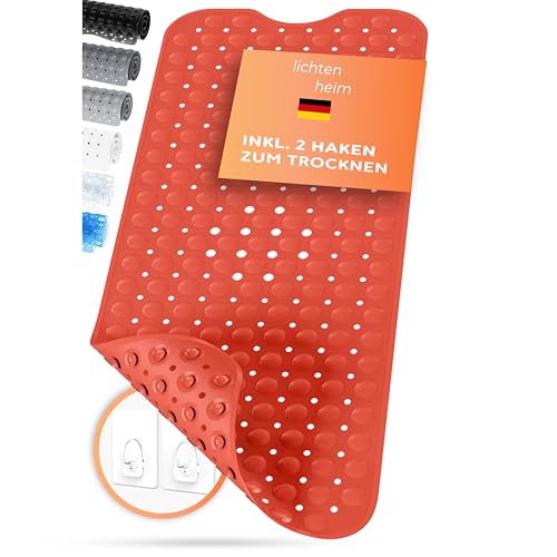 LICHTENHEIM Duschmatte rutschfest Sensitiv 100x40 cm - INKL 2 Haken - Badewannenmatte rutschfest - Antirutschmatte Badewanne BPA frei - Badematte schimmelresistent & waschbar (Feuer-Rot-Orange) von LICHTENHEIM