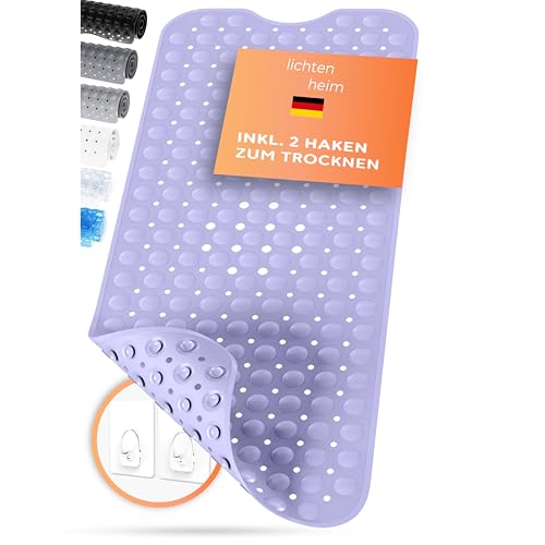 LICHTENHEIM Duschmatte rutschfest Sensitiv 100x40 cm - INKL 2 Haken - Badewannenmatte rutschfest - Antirutschmatte Badewanne BPA frei - Badematte schimmelresistent & waschbar (Flieder) von LICHTENHEIM
