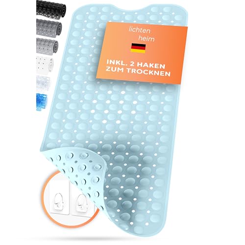 LICHTENHEIM Duschmatte rutschfest Sensitiv 100x40 cm - INKL 2 Haken - Badewannenmatte rutschfest - Antirutschmatte Badewanne BPA frei - Badematte schimmelresistent & waschbar (Hellblau) von LICHTENHEIM