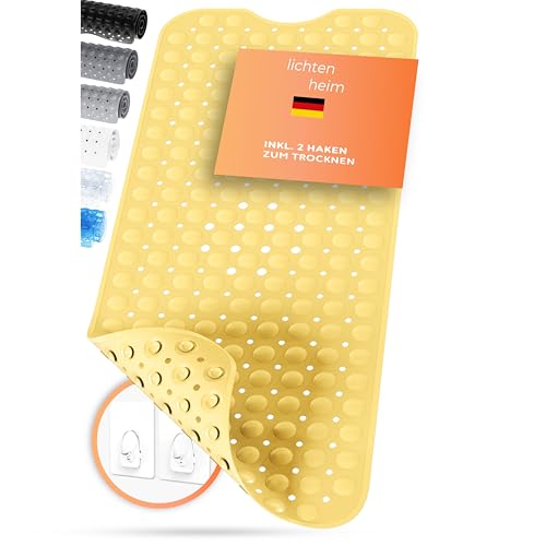 LICHTENHEIM Duschmatte rutschfest Sensitiv 100x40 cm - INKL 2 Haken - Badewannenmatte rutschfest - Antirutschmatte Badewanne BPA frei - Badematte schimmelresistent & waschbar (Hellgelb) von LICHTENHEIM