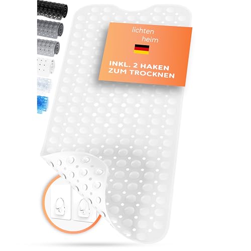 LICHTENHEIM Duschmatte rutschfest Sensitiv 100x40 cm - INKL 2 Haken - Badewannenmatte rutschfest - Antirutschmatte Badewanne BPA frei - Badematte schimmelresistent & waschbar (Weiß) von LICHTENHEIM