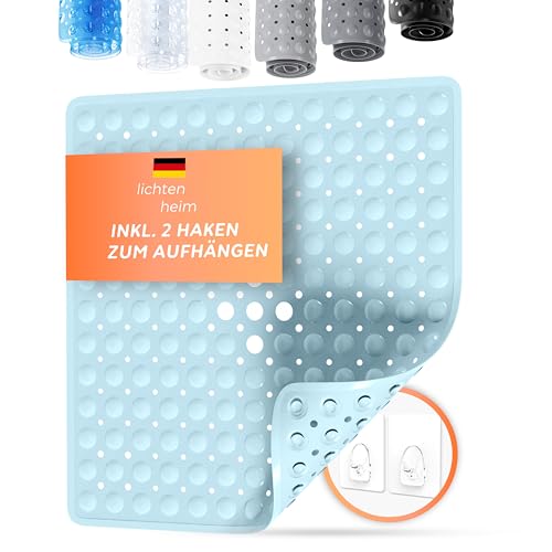 LICHTENHEIM Duschmatte rutschfest Sensitiv 53x53 cm - INKL 2 Haken - Badewannenmatte rutschfest - Antirutschmatte Badewanne BPA frei - Badematte schimmelresistent & waschbar (Hellblau) von LICHTENHEIM