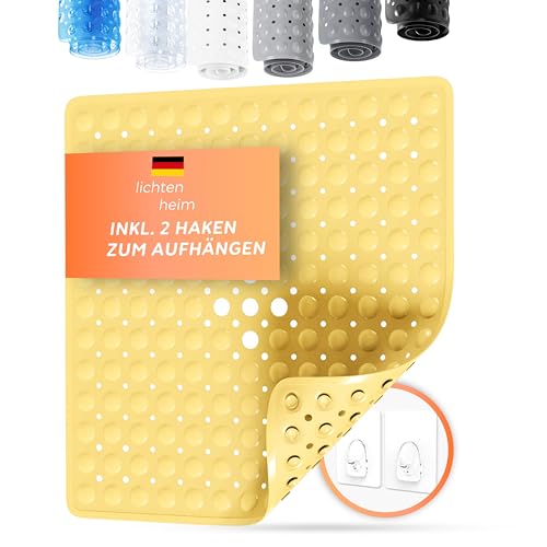 LICHTENHEIM Duschmatte rutschfest Sensitiv 53x53 cm - INKL 2 Haken - Badewannenmatte rutschfest - Antirutschmatte Badewanne BPA frei - Badematte schimmelresistent & waschbar (Hellgelb) von LICHTENHEIM