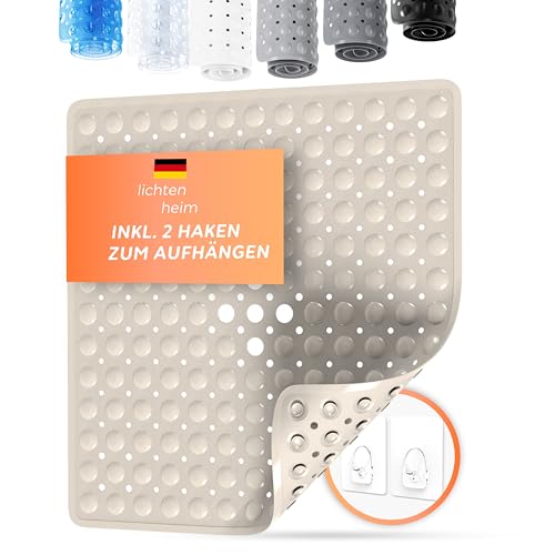 LICHTENHEIM Duschmatte rutschfest Sensitiv 53x53 cm - INKL 2 Haken - Badewannenmatte rutschfest - Antirutschmatte Badewanne BPA frei - Badematte schimmelresistent & waschbar (Sand) von LICHTENHEIM