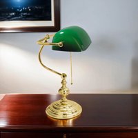 Bankerlampe E27 39 cm Grün Messing Jugendstil Bankerleuchte - vergoldet mit 24 Karat, Grün von LICHT-ERLEBNISSE
