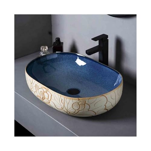 LICONG-2020 Waschtische Großes Badezimmerbecken for den Innenbereich, Haushalt, Balkon, Blaue Keramik mit Blumenmuster von LICONG-2020