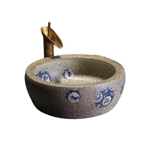 Waschtische Rundes Aufsatzwaschbecken for Badezimmer, Balkon, Außenbereich, Retro-Art, Keramikspüle (inkl. Zubehör) von LICONG-2020