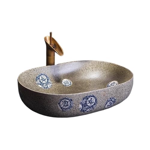 Waschtische Rundes Aufsatzwaschbecken im Retro-Stil, Badezimmer-Aufsatzwaschbecken aus Keramik (inkl. Zubehör) von LICONG-2020