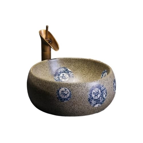 Waschtische Rundes Aufsatzwaschbecken im Retro-Stil, Badezimmer-Aufsatzwaschbecken aus Keramik (inkl. Zubehör) von LICONG-2020