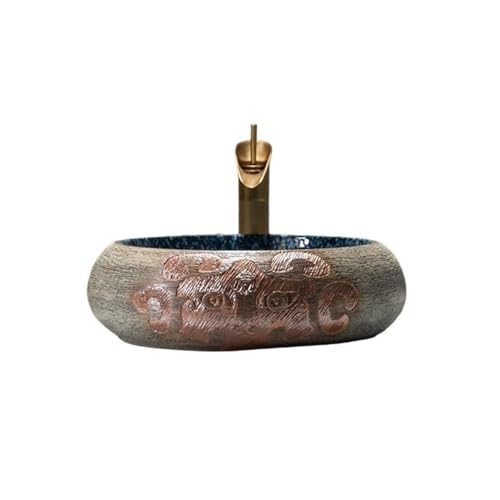 Waschtische Verdicktes Keramik-Waschbecken im Retro-Stil, rund, Kunst-Aufsatzbecken von LICONG-2020