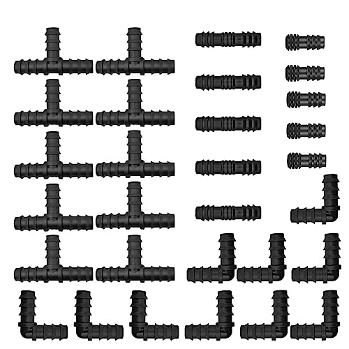 LICQIC 13 mm (1/2 Zoll) Rohr-/Schlauch-Bewässerungsverbinder, 30 Stück Gartenbewässerungsarmaturen (T-Stück - Ellenbogen - Verbindungsstück - Endstopfen), für Wasserrohrverbindungen Bewässerungssystem von LICQIC