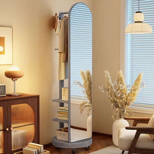 Massivholz 360° Drehbarer Ganzkörperspiegel, 2-in-1 Standspiegel mit Garderobe und Rollen, 2 Ebenen Regale, mit Haken & Stangen, Platzsparend für Schlafzimmer(Gray,50cm/19.7in) von LIDANGUH