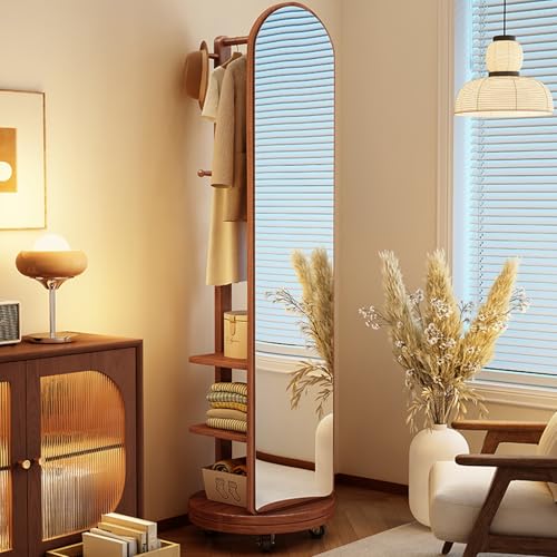 Massivholz 360° Drehbarer Ganzkörperspiegel, 2-in-1 Standspiegel mit Garderobe und Rollen, 2 Ebenen Regale, mit Haken & Stangen, Platzsparend für Schlafzimmer(Walnut,45cm/17.7in) von LIDANGUH