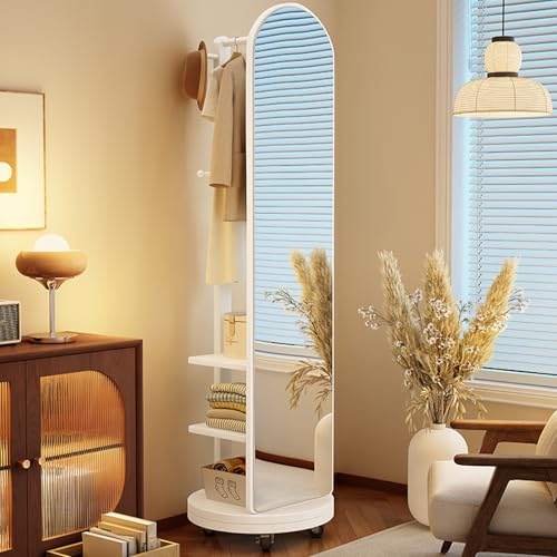 Massivholz 360° Drehbarer Ganzkörperspiegel, 2-in-1 Standspiegel mit Garderobe und Rollen, 2 Ebenen Regale, mit Haken & Stangen, Platzsparend für Schlafzimmer(White,45cm/17.7in) von LIDANGUH