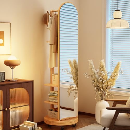 Massivholz 360° Drehbarer Ganzkörperspiegel, 2-in-1 Standspiegel mit Garderobe und Rollen, 2 Ebenen Regale, mit Haken & Stangen, Platzsparend für Schlafzimmer(Wood,50cm/19.7in) von LIDANGUH