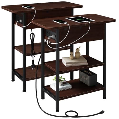 LIDYUK Beistelltisch mit Ladestation, Flip Top schmaler Beistelltisch für kleine Räume, Nachttische 2er Set für Schlafzimmer, Beistelltische Wohnzimmer 2er Set mit Ablageregal, Kirsche LIDYUK Beistelltisch mit Ladestation, Flip Top schmaler Beistelltisch für kleine Räume, Nachttische 2er Set für Schlafzimmer, Beistelltische Wohnzimmer 2er Set mit Ablageregal, Kirsche von LIDYUK