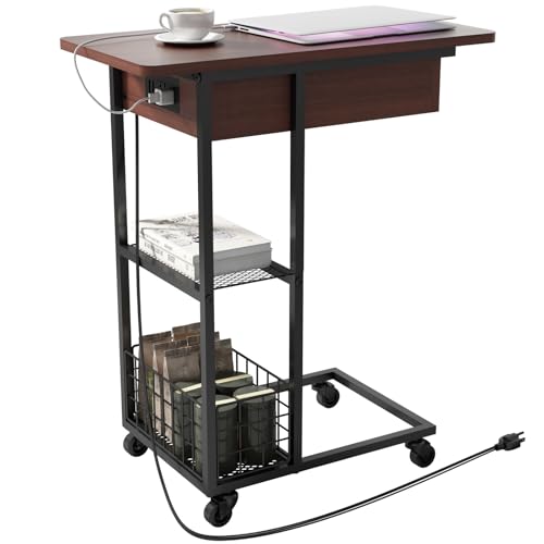 LIDYUK C Form Beistelltisch mit Ladestation, Faltbarer Beistelltisch mit USB-Anschlüssen und Ausgängen, Couchtisch C mit Ablage für Wohnzimmer, Schlafzimmer, Dunkelkirsche von LIDYUK
