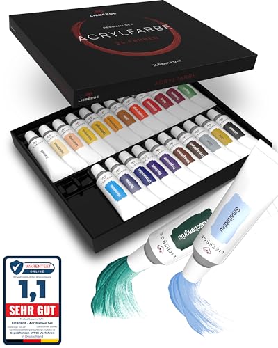 LIEBERGE Acrylfarben Set Premium – 24 intensive Farben à 12ml mit hoher Deckkraft – Acrylfarbe für Leinwand, Holz, Beton, Stein, Glas, Keramik uvm. (24 Farben, 12ml) von LIEBERGE