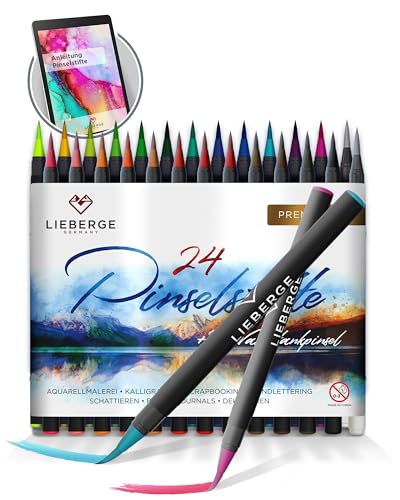 LIEBERGE Pinselstifte Premium-Set - 24 Aquarellfarben + 2 Wassertankpinsel - Brush Pen mit flexibler Pinselspitze für Aquarell, Hand Lettering, Bullet Journal, Kalligraphie LIEBERGE Pinselstifte Premium-Set - 24 Aquarellfarben + 2 Wassertankpinsel - Brush Pen mit flexibler Pinselspitze für Aquarell, Hand Lettering, Bullet Journal, Kalligraphie von LIEBERGE