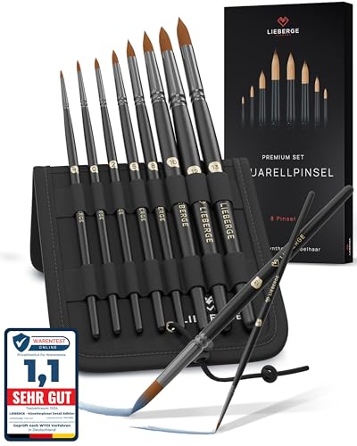 LIEBERGE Premium Aquarellpinsel – 8 Pinsel aus hochwertigem Synthetik-Zobelhaar – Aquarellpinsel Set ohne Haarverlust beim Malen | Watercolor Brush (8 Pinsel Synthetik-Zobelhaar) von LIEBERGE