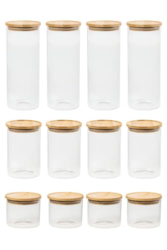 LIEBLINGSGLAS - Luftdichtes Bambus-Vorratsgläser Starter Set (12 Stück) - Robuster Deckel aus nachhaltigem Bambus - Aufbewahrungsgläser Set aus Borosilikatglas in den Größen in S, M und L - BPA Frei von LIEBLINGSGLAS