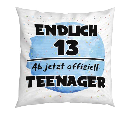 LIEBTASTISCH - Endlich 13. Ab jetzt offiziell Teenager - Kissen mit Spruch - Geburtstag - Junge - Mädchen - Dreizehn - Geschenkidee - Geschenk - Geburtstagsgeschenk - Teenie (Blau) von LIEBTASTISCH