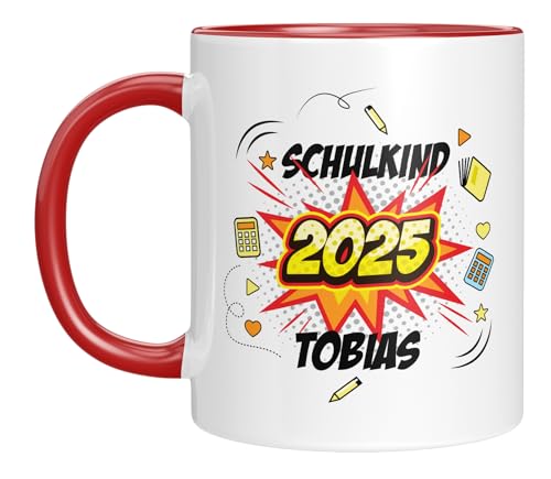 Endlich Schulkind - personalisierte Kindertasse mit Wunschnamen - Geschenk zur Einschulung für Jungen - Schulkind 2025 - cooles Motiv - kleines Geschenk für Erstklässler (Rot) von LIEBTASTISCH