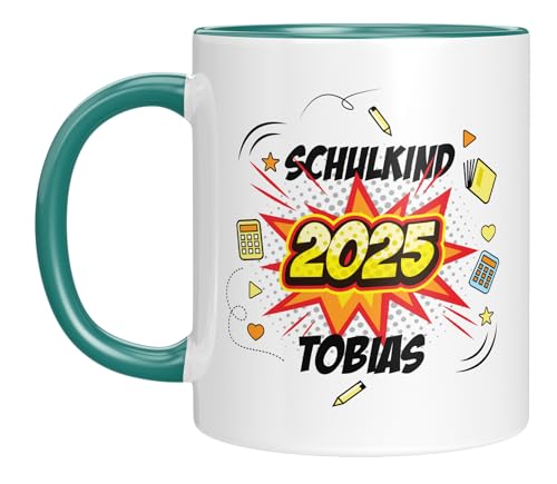 Endlich Schulkind - personalisierte Kindertasse mit Wunschnamen - Geschenk zur Einschulung für Jungen - Schulkind 2025 - cooles Motiv - kleines Geschenk für Erstklässler (Türkis) von LIEBTASTISCH