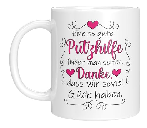 LIEBTASTISCH Hochwertige Keramiktasse mit Spruch | Eine so gute Putzhilfe findet man selten. Danke, dass wir so viel Glück haben | Geschenkidee zum Geburtstag oder Weihnachten von LIEBTASTISCH