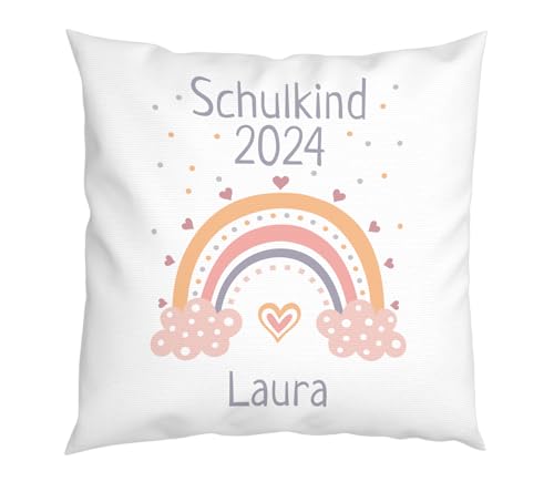 LIEBTASTISCH - Kissen Schulkind 2024 mit Namen - Personalisiert - Einschulung - Geschenke - Regenbogen - Geschenk für Erstklässler - Schule - Grundschule - Geschenkidee - Schulbeginn von LIEBTASTISCH